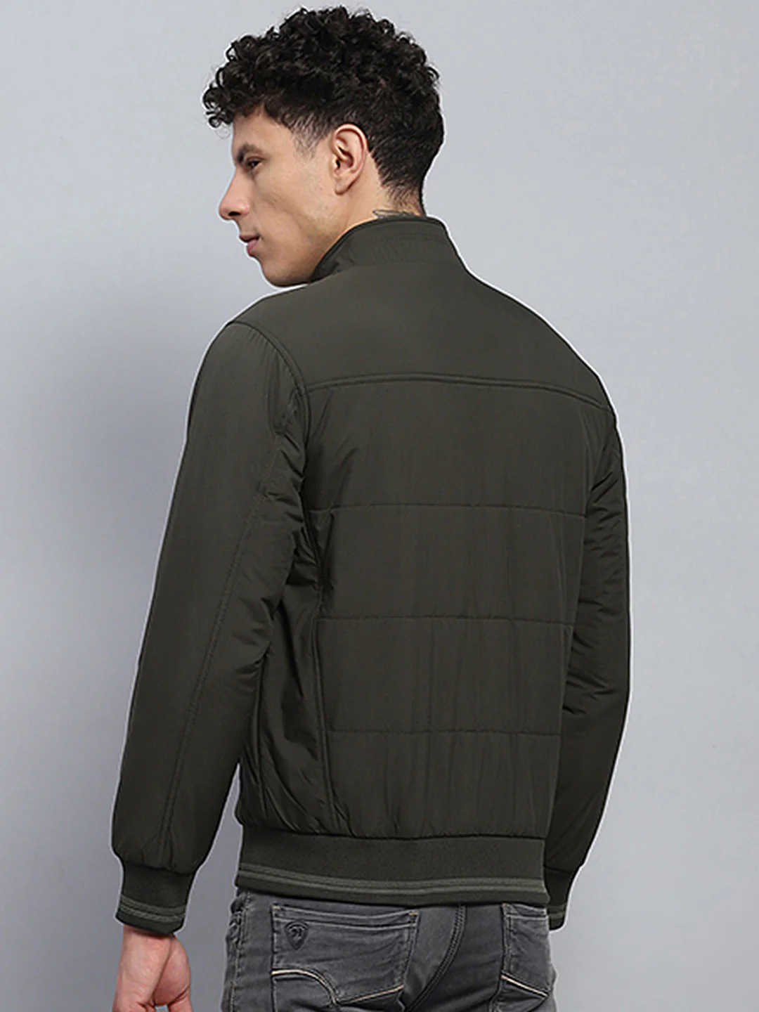 Men Olive Solid Mock Neck Full Sleeve Jacket - Image 5