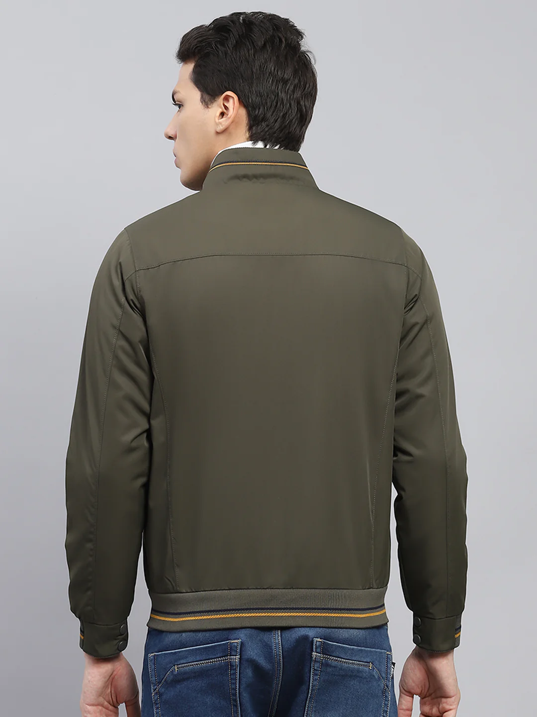 Men Olive Solid Mock Neck Full Sleeve Jacket - Image 5