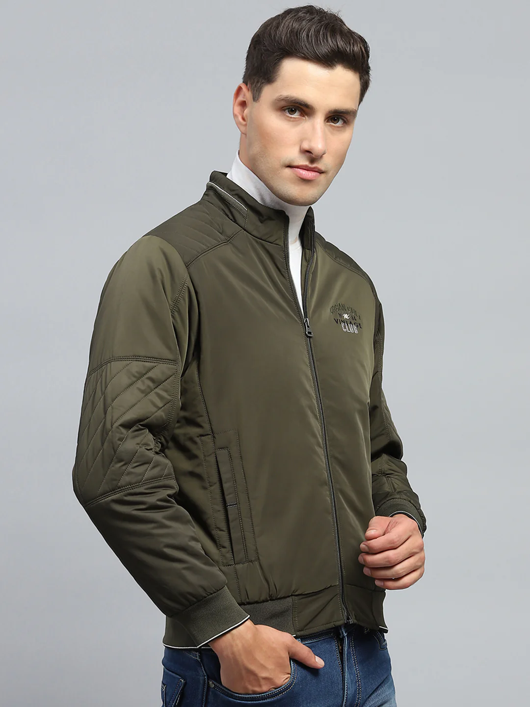 Men Olive Solid Mock Neck Full Sleeve Jacket - Image 4
