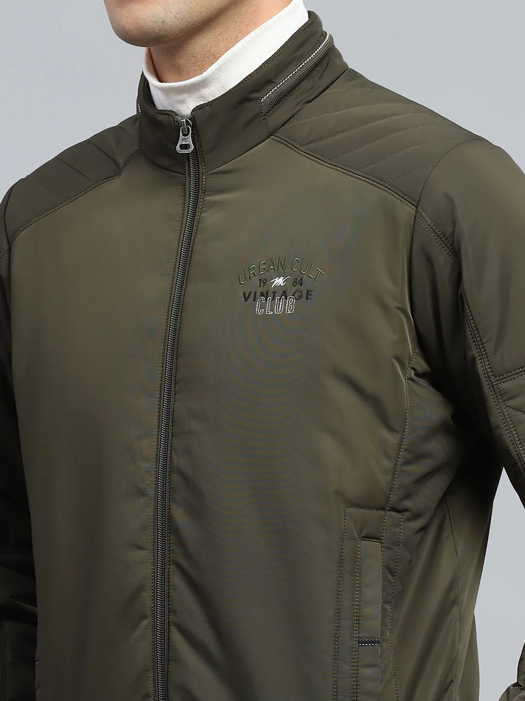 Men Olive Solid Mock Neck Full Sleeve Jacket - Image 6
