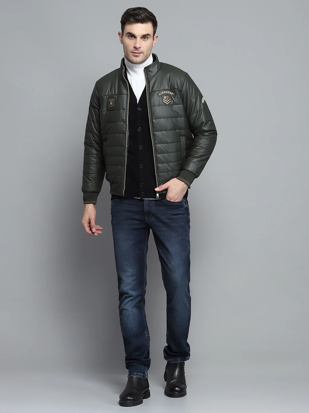 Men Olive Solid Mock Neck Full Sleeve Jacket - Image 2