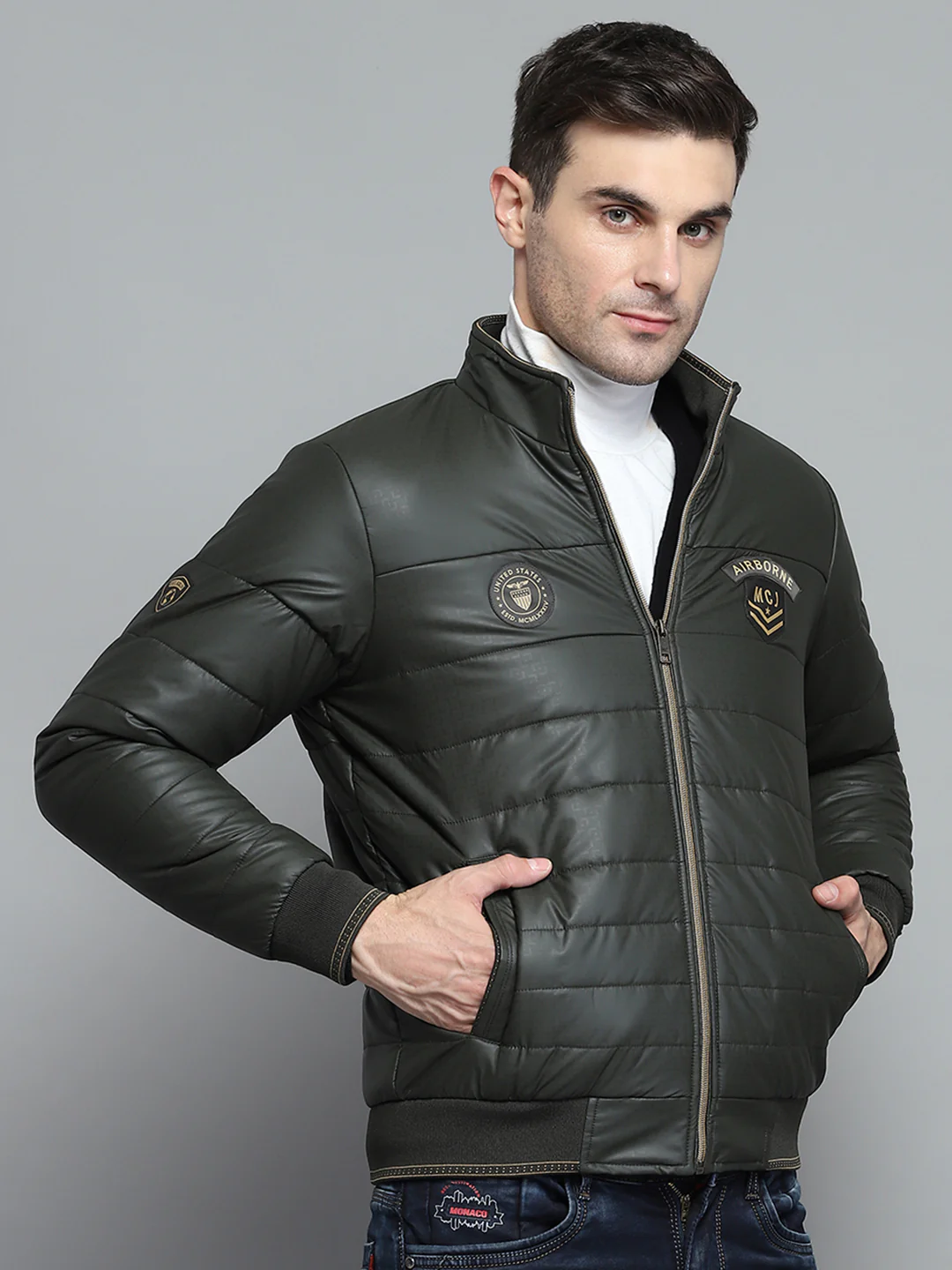 Men Olive Solid Mock Neck Full Sleeve Jacket - Image 4