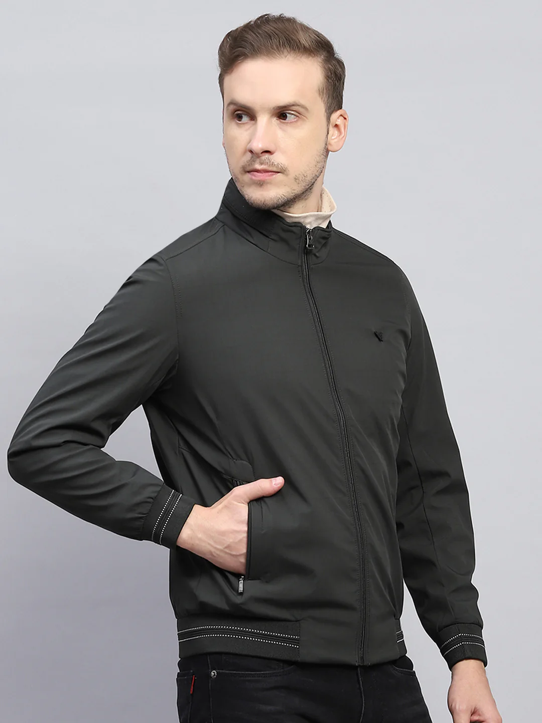 Men Olive Solid Mock Neck Full Sleeve Jacket - Image 4