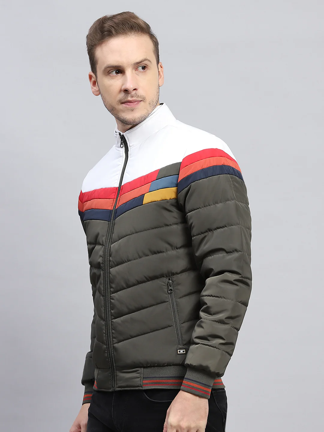 Men Olive Solid Mock Neck Full Sleeve Jacket - Image 3