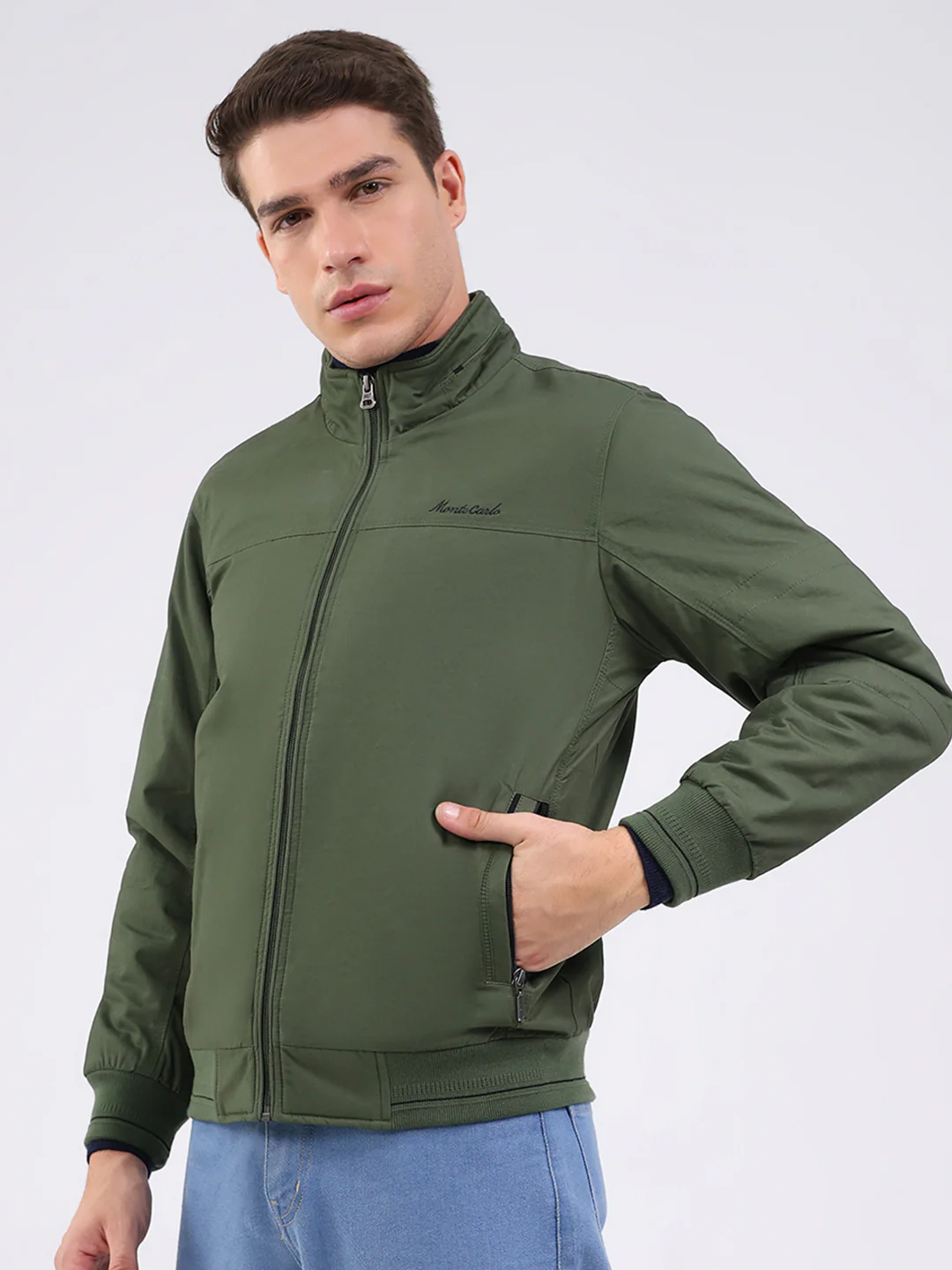 Men Olive Solid Mock Neck Full Sleeve Jacket - Image 3