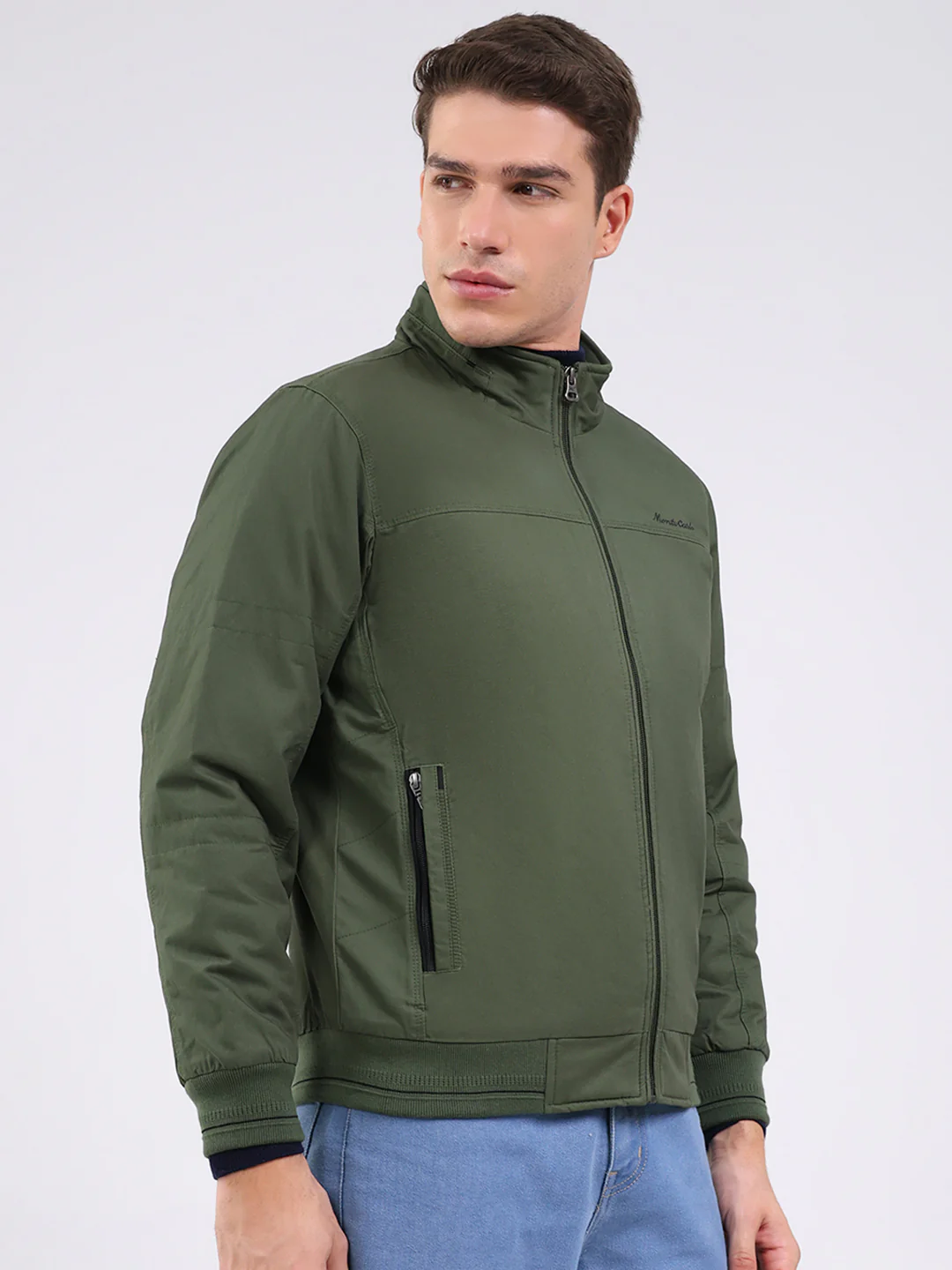 Men Olive Solid Mock Neck Full Sleeve Jacket - Image 4