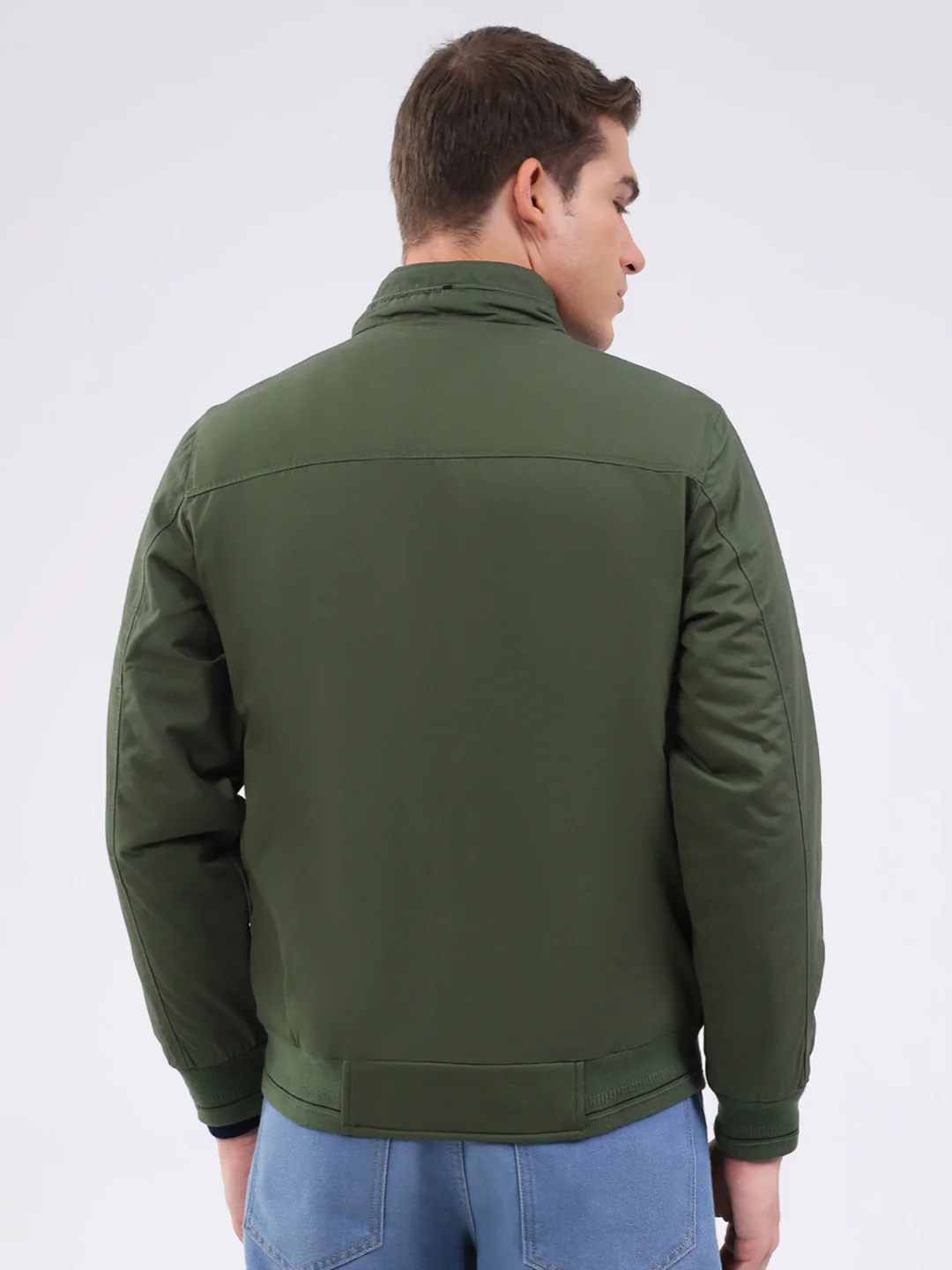 Men Olive Solid Mock Neck Full Sleeve Jacket - Image 5