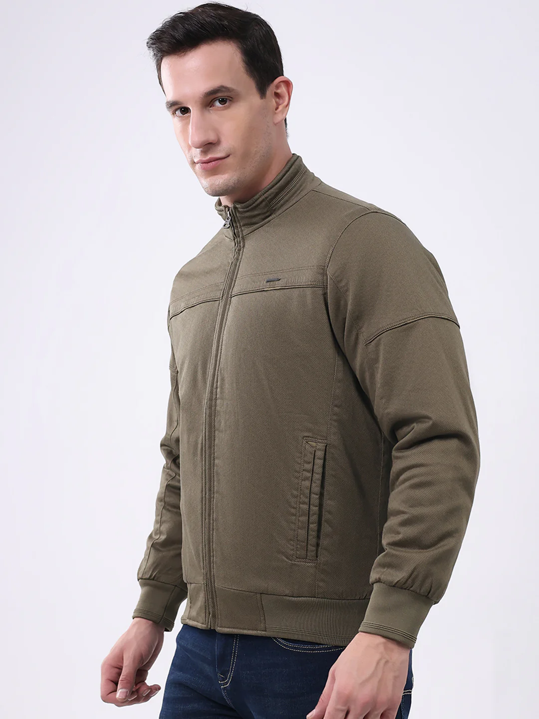 Men Olive Solid Mock Neck Full Sleeve Jacket - Image 3