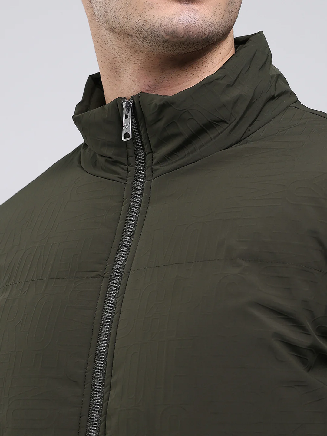 Men Olive Solid Mock Neck Full Sleeve Jacket - Image 6