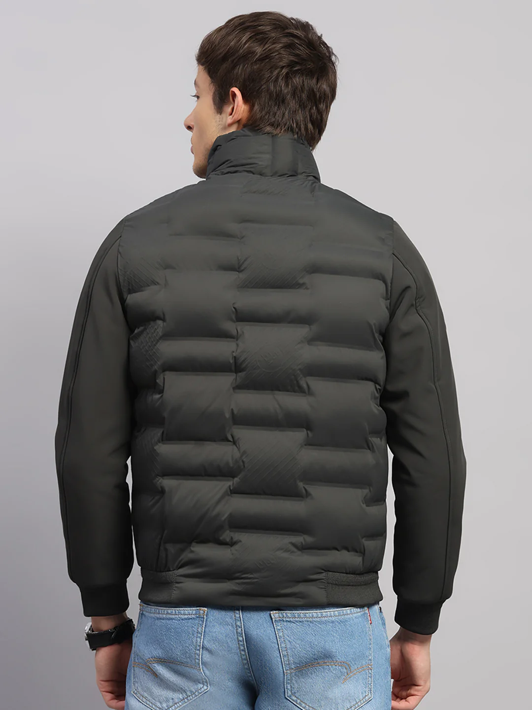 Men Olive Solid Mock Neck Full Sleeve Jacket - Image 5