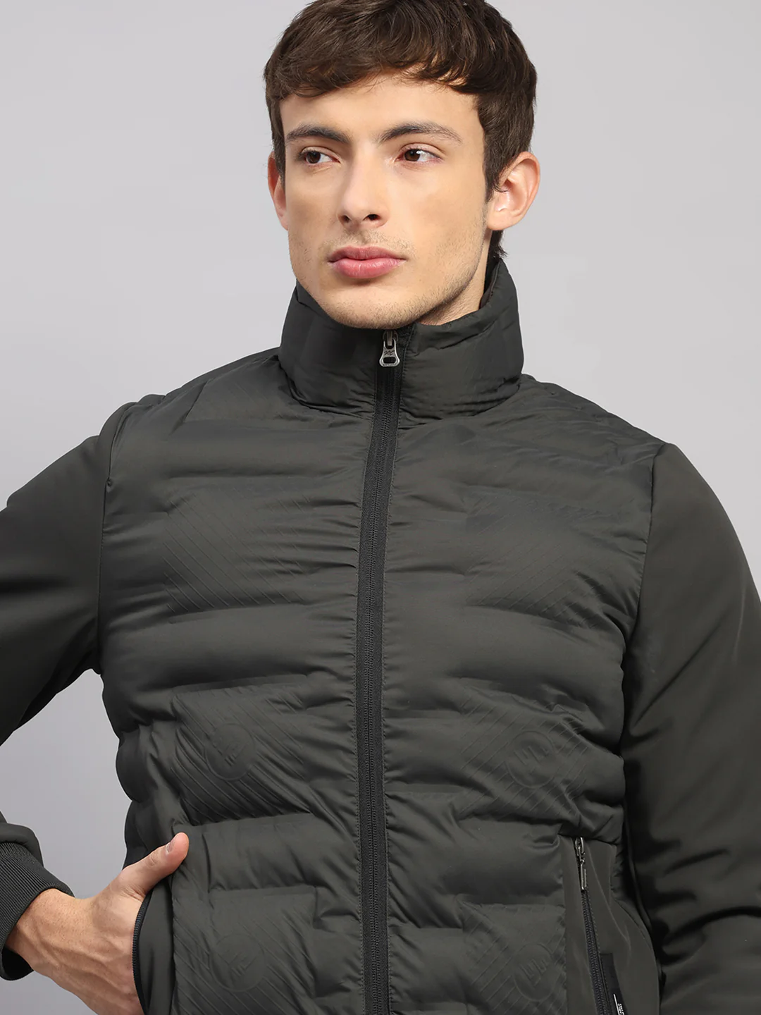 Men Olive Solid Mock Neck Full Sleeve Jacket - Image 6