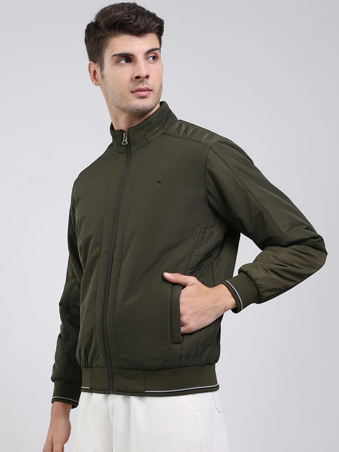 Men Olive Solid Mock Neck Full Sleeve Jacket - Image 3