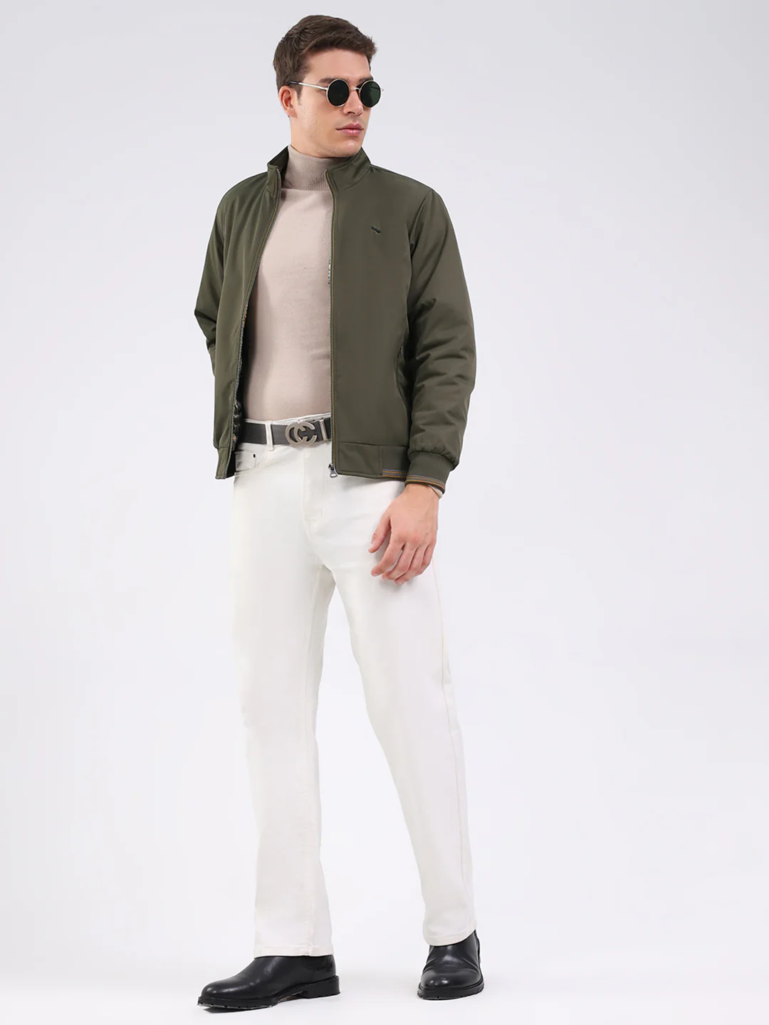 Men Olive Solid Mock Neck Full Sleeve Jacket - Image 2