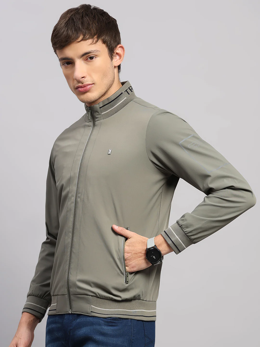 Luxuria Men Olive Solid Mock Neck Full Sleeve Jacket - Image 3