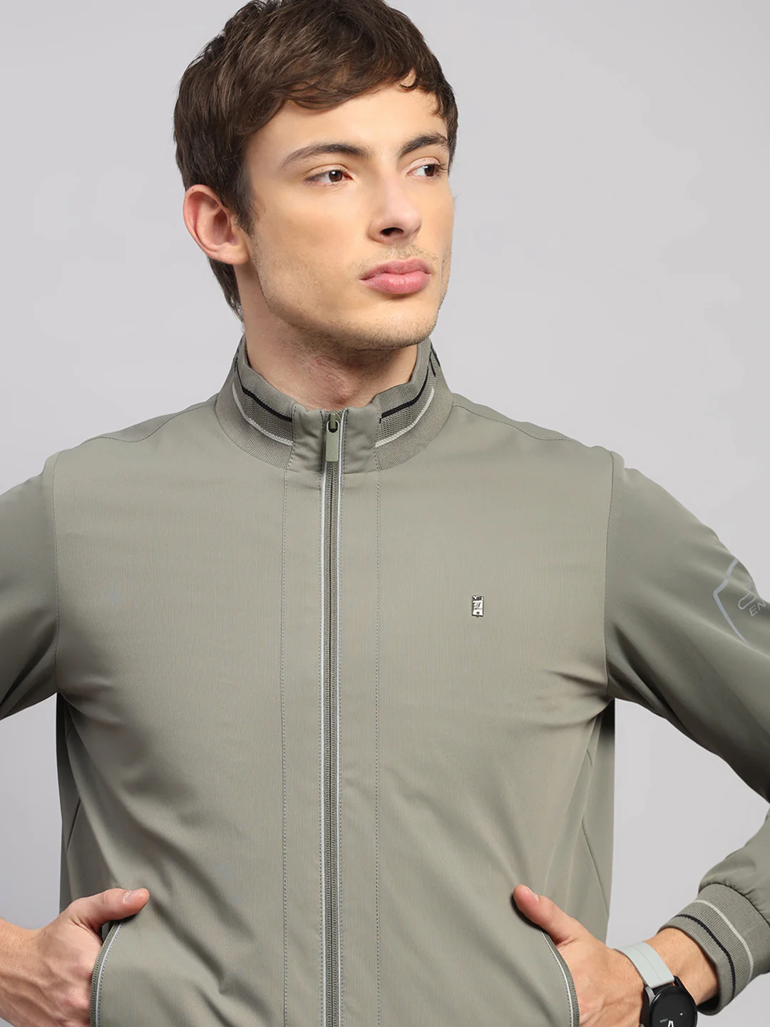 Luxuria Men Olive Solid Mock Neck Full Sleeve Jacket - Image 7
