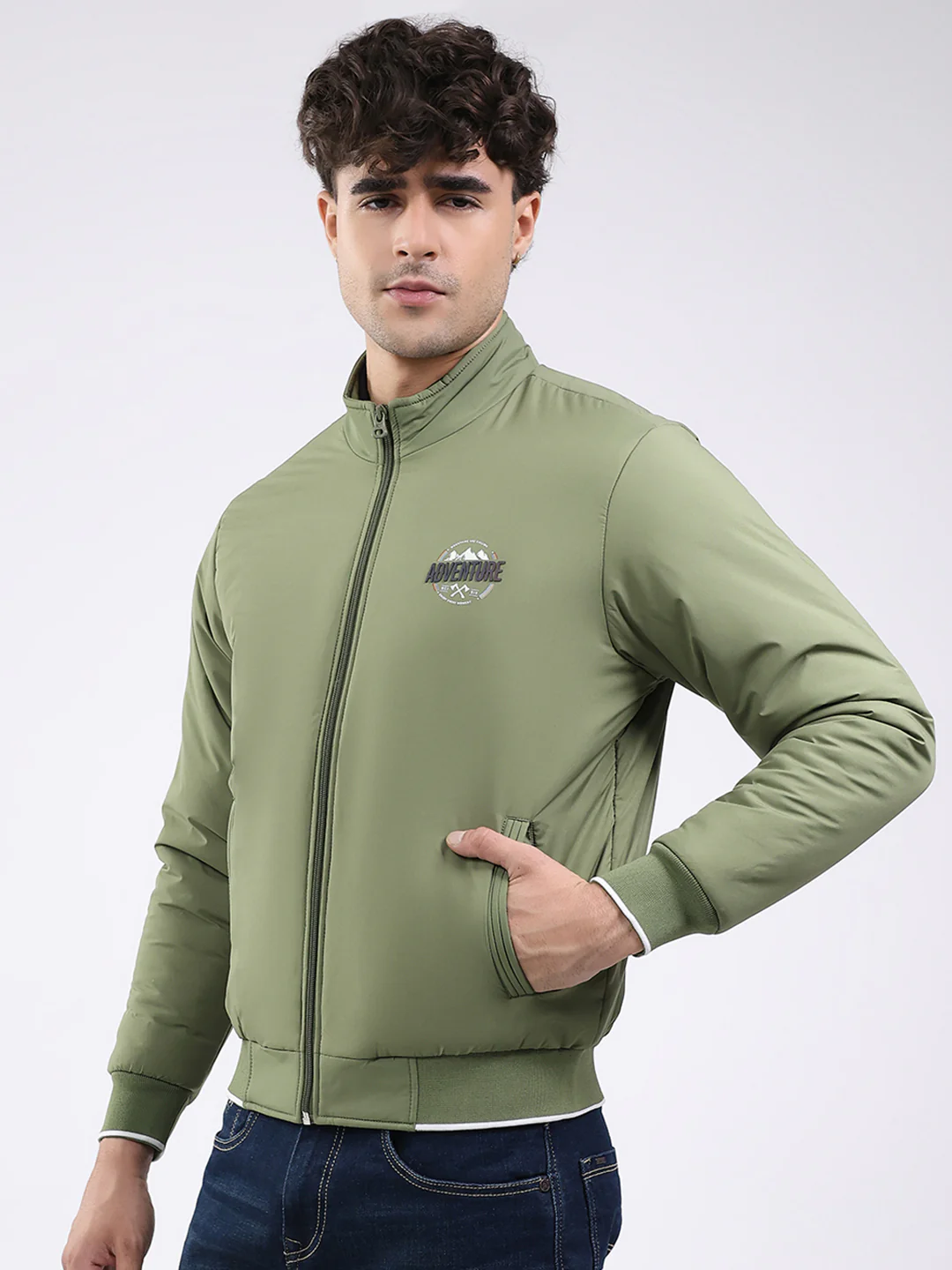 Men Olive Solid Mock Neck Full Sleeve Jacket - Image 3