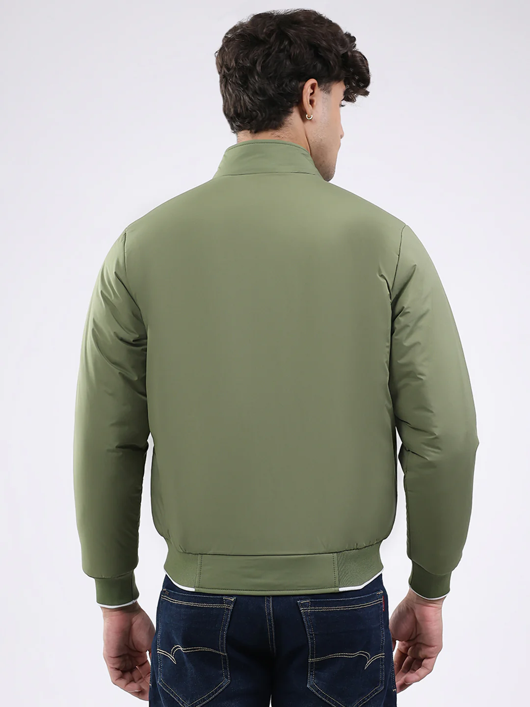 Men Olive Solid Mock Neck Full Sleeve Jacket - Image 5