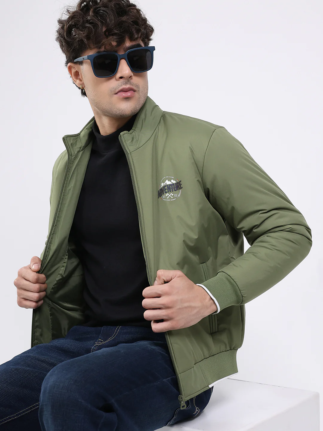 Men Olive Solid Mock Neck Full Sleeve Jacket - Image 6