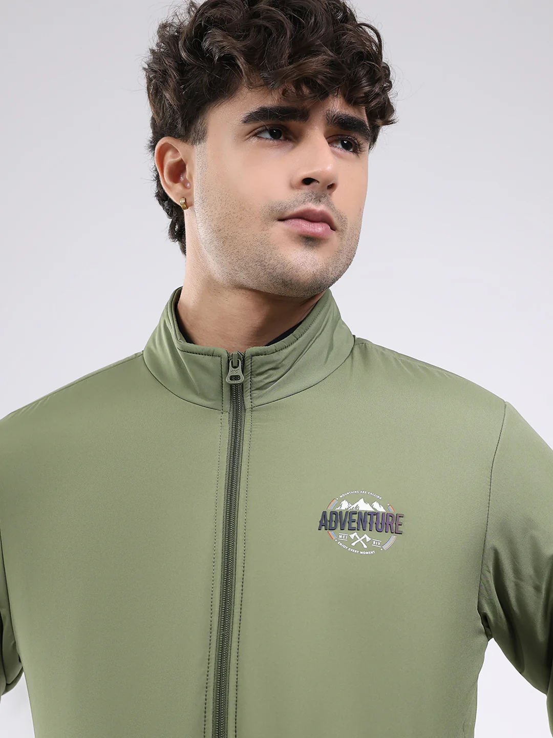 Men Olive Solid Mock Neck Full Sleeve Jacket - Image 7