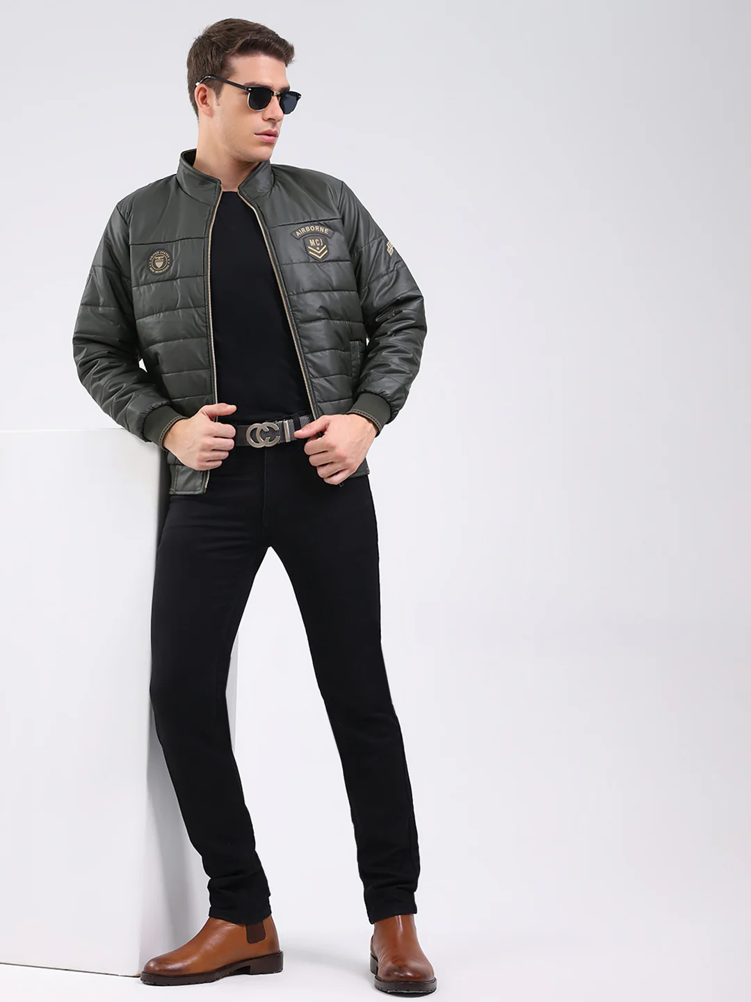 Men Olive Solid Mock Neck Full Sleeve Jacket - Image 2