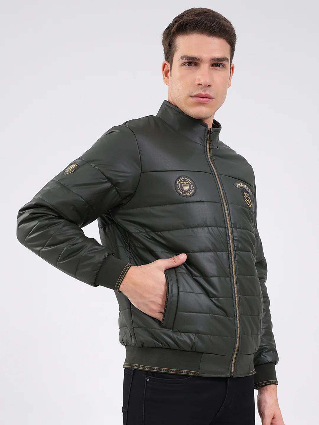 Men Olive Solid Mock Neck Full Sleeve Jacket - Image 4