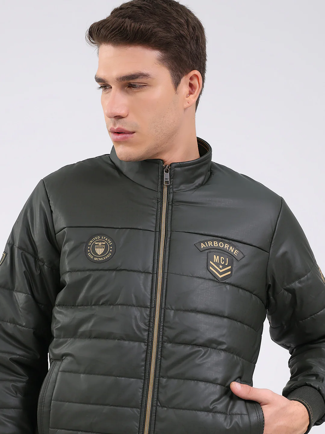 Men Olive Solid Mock Neck Full Sleeve Jacket - Image 7
