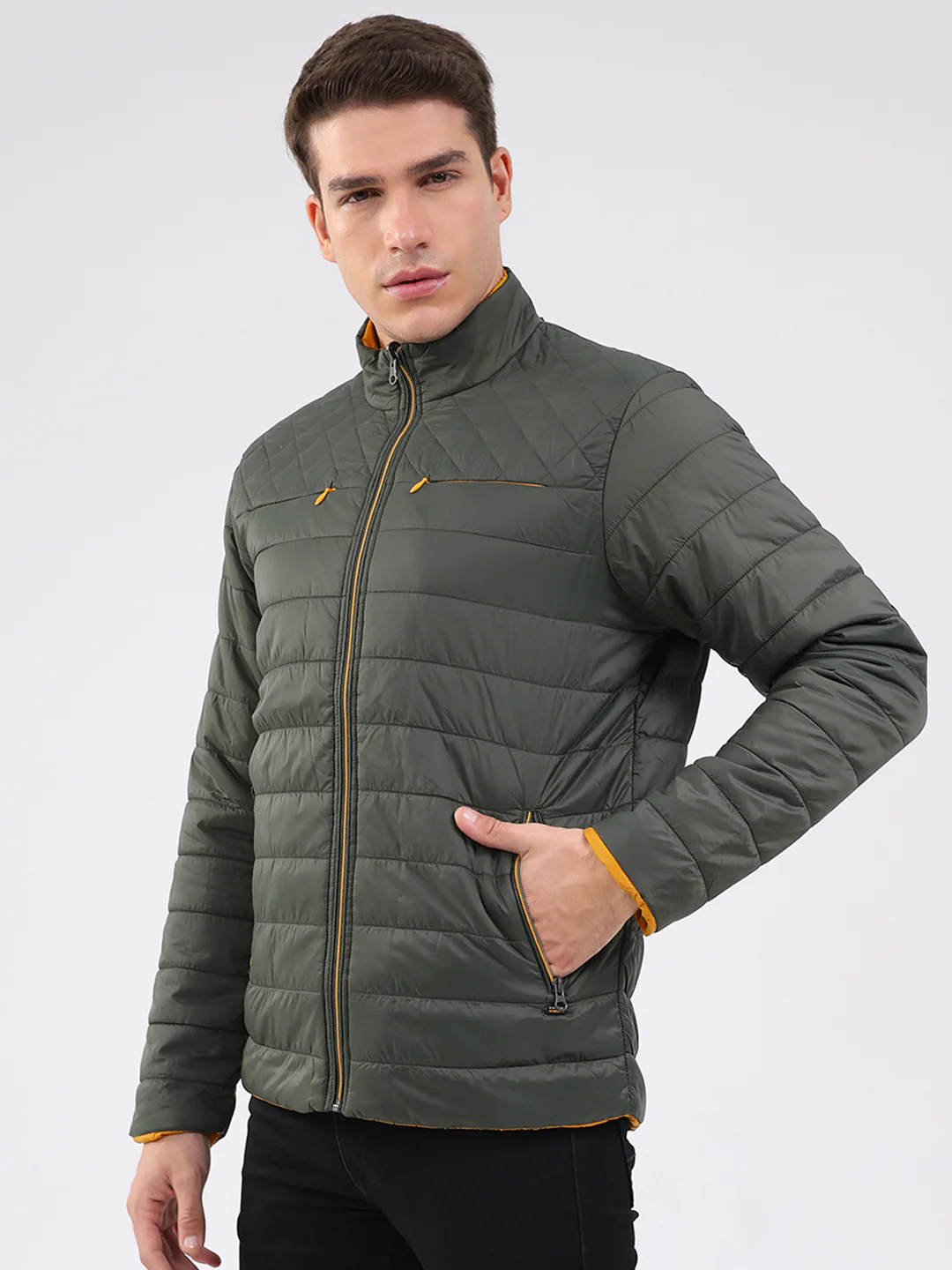 Men Olive Solid Mock Neck Full Sleeve Jacket - Image 3
