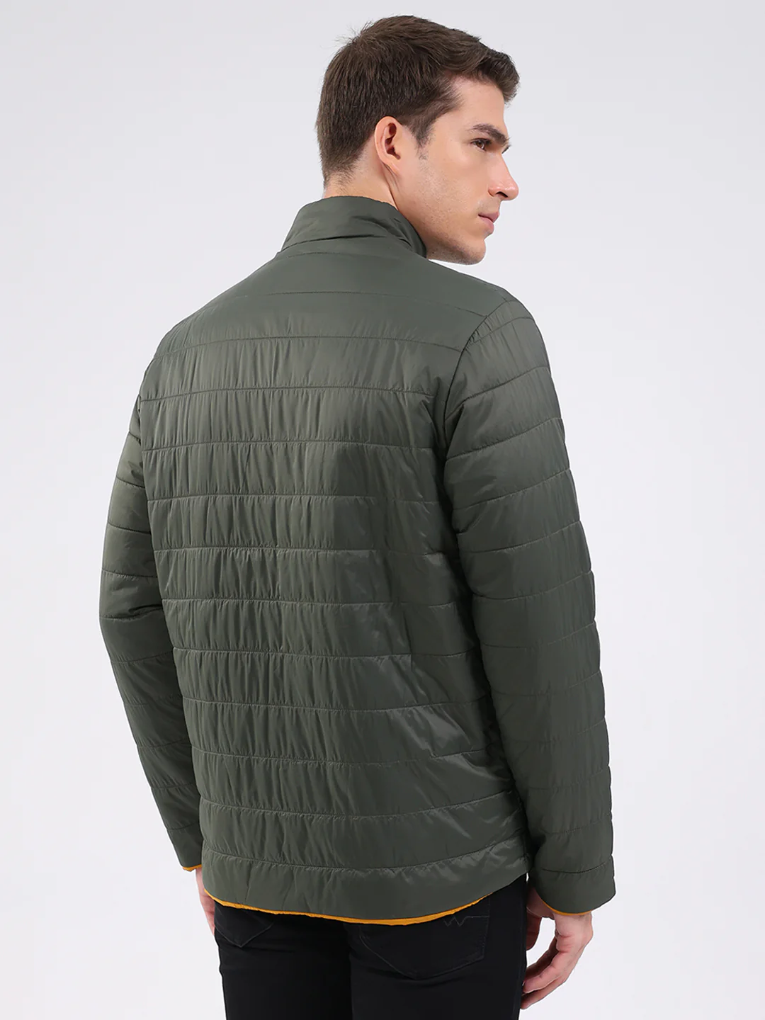Men Olive Solid Mock Neck Full Sleeve Jacket - Image 5