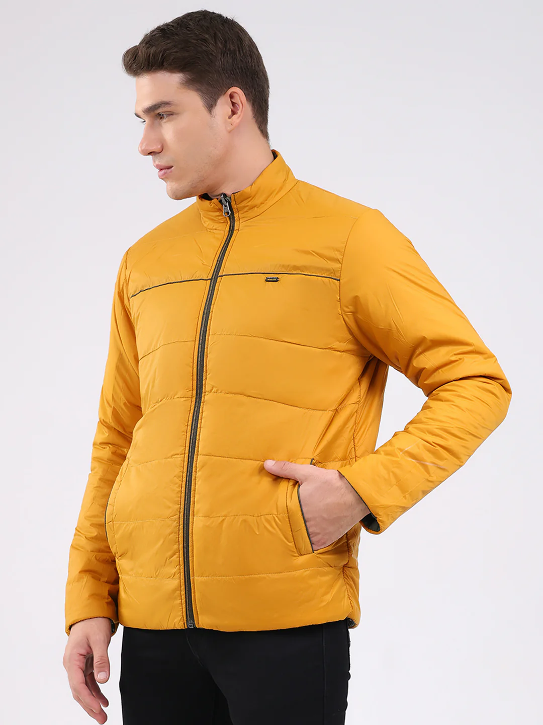 Men Olive Solid Mock Neck Full Sleeve Jacket - Image 7