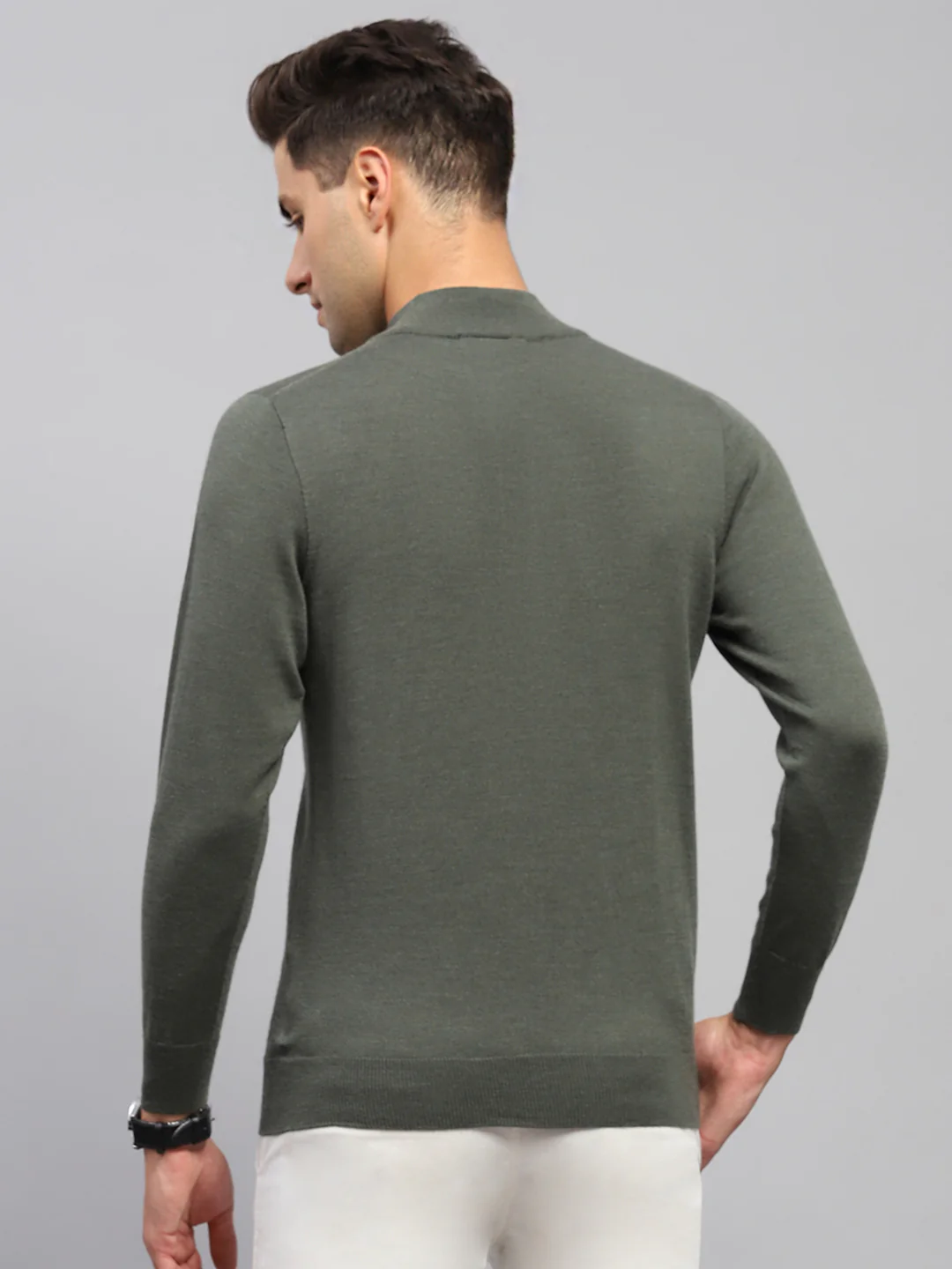 Men Olive Solid Mock Neck Full Sleeve Pullover - Image 5