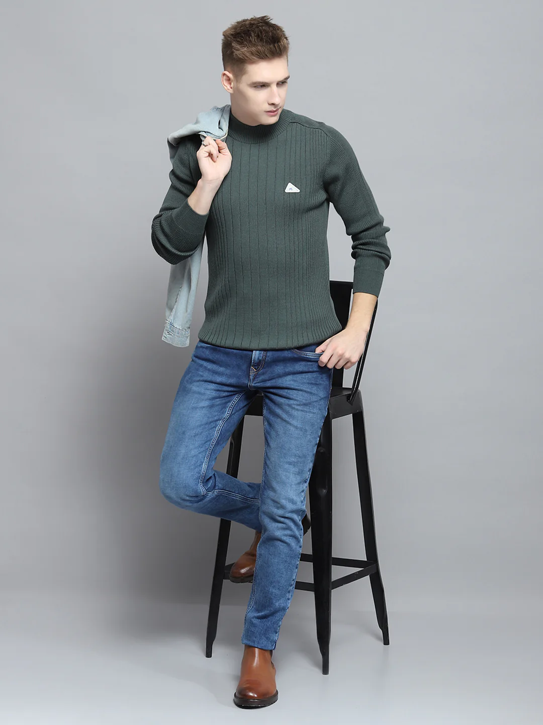 Men Olive Solid Mock Neck Full Sleeve Pullover - Image 2