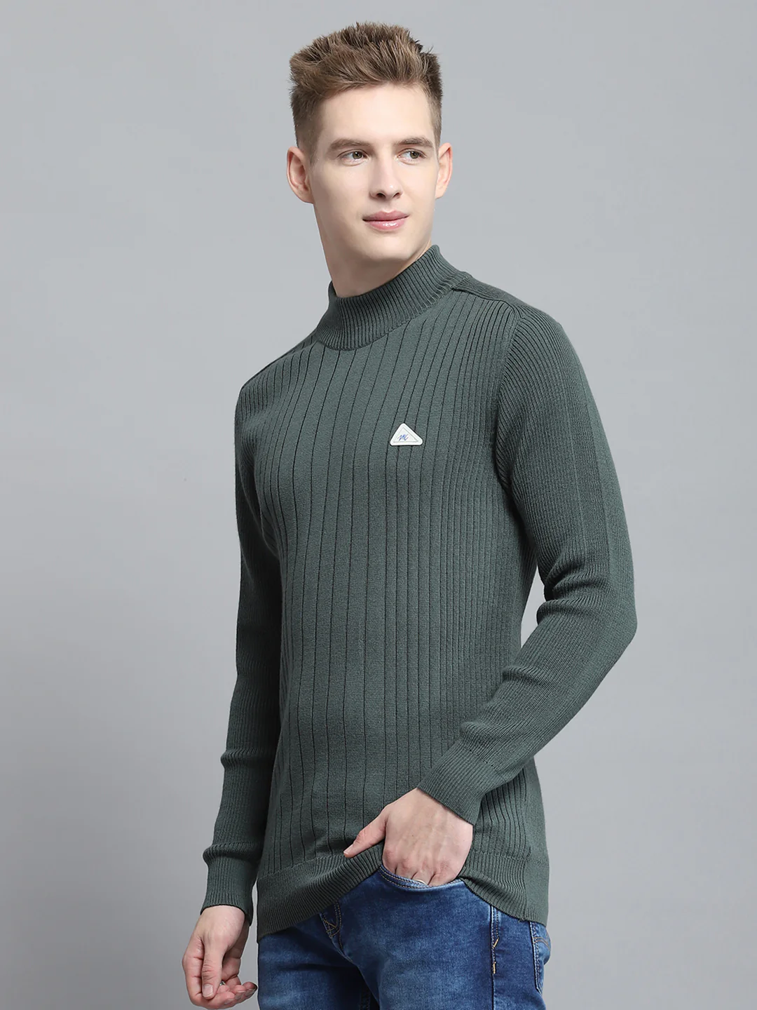 Men Olive Solid Mock Neck Full Sleeve Pullover - Image 3