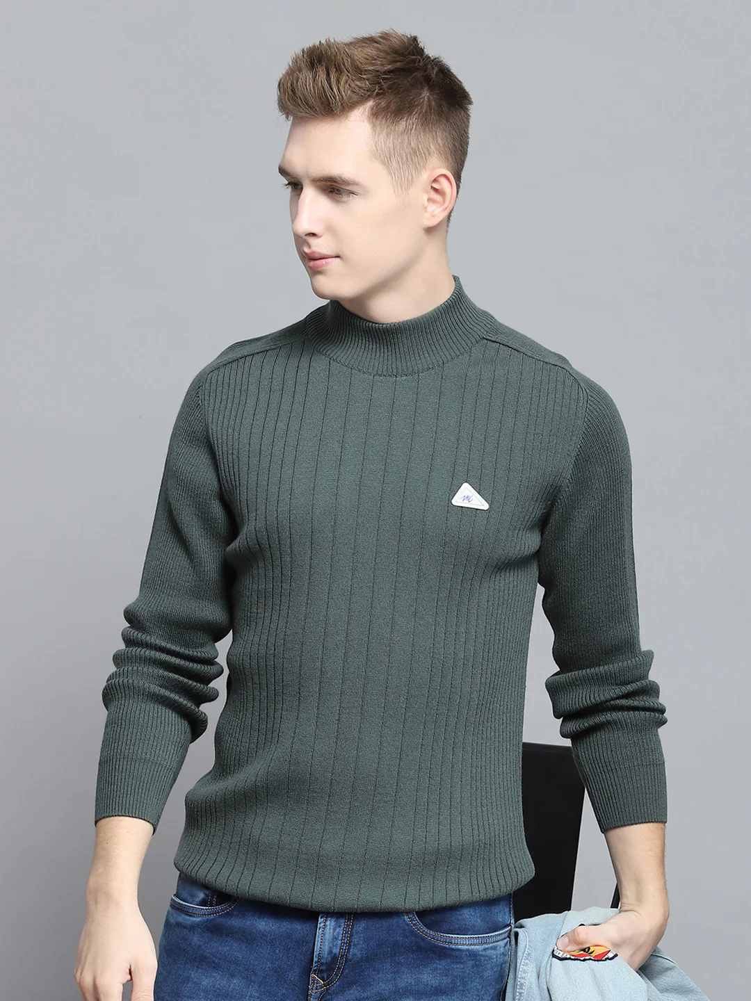 Men Olive Solid Mock Neck Full Sleeve Pullover - Image 6