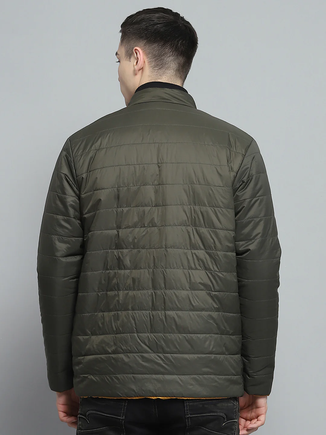 Men Olive Solid Mock Neck Full Sleeve Reversible Jacket - Image 5