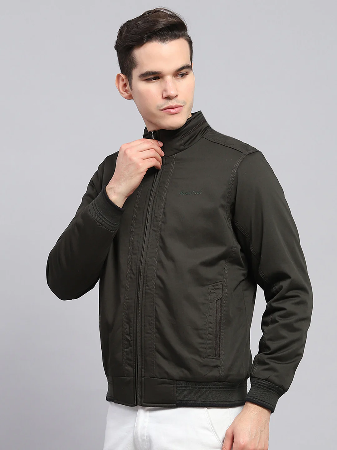 Men Olive Solid Mock Neck Full Sleeve Reversible Jacket - Image 3