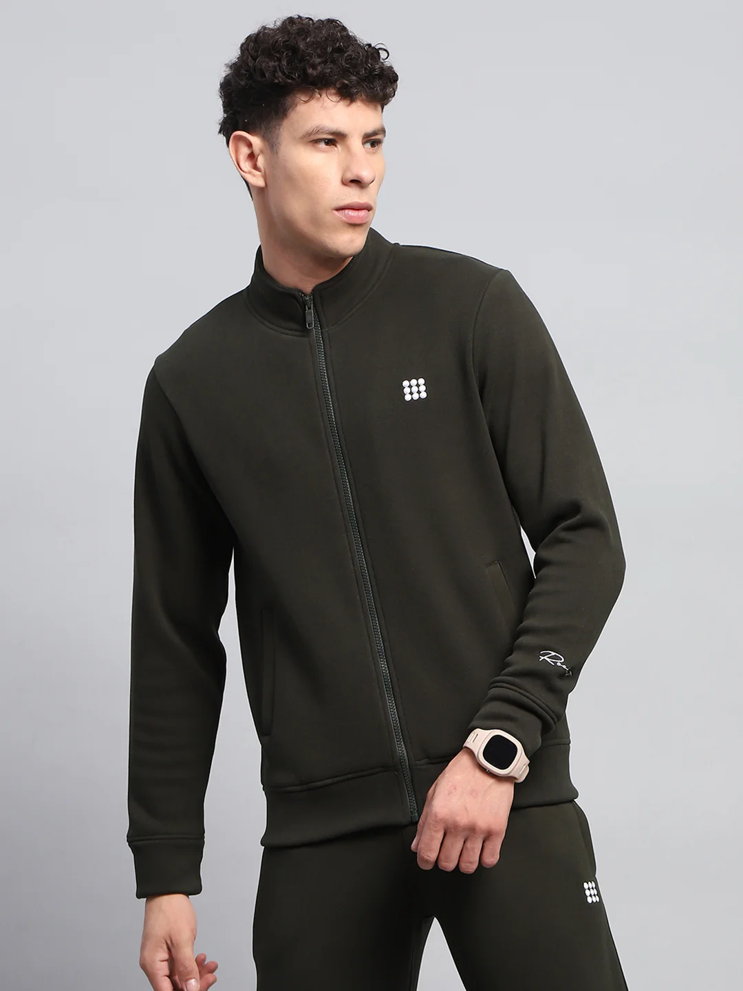Rock.it Men Olive Solid Mock Neck Full Sleeve Sweatshirt
