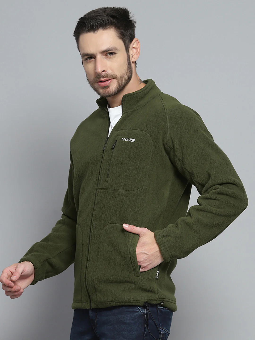 Rock.it Men Olive Solid Mock Neck Full Sleeve Sweatshirt - Image 3