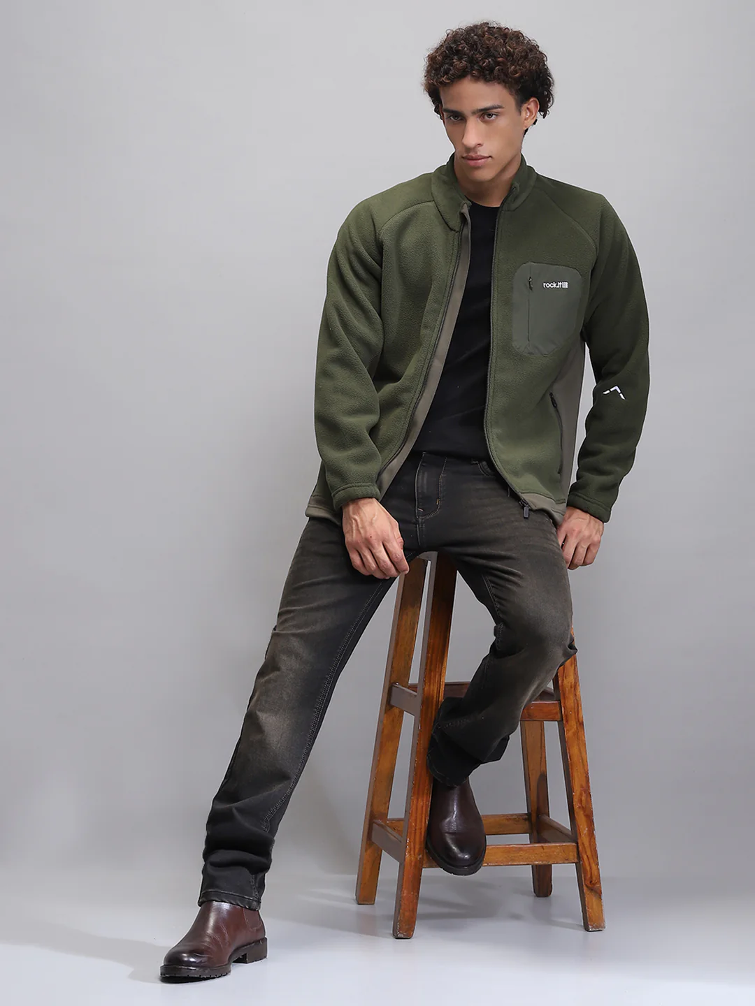 Rock.it Men Olive Solid Mock Neck Full Sleeve Sweatshirt - Image 2