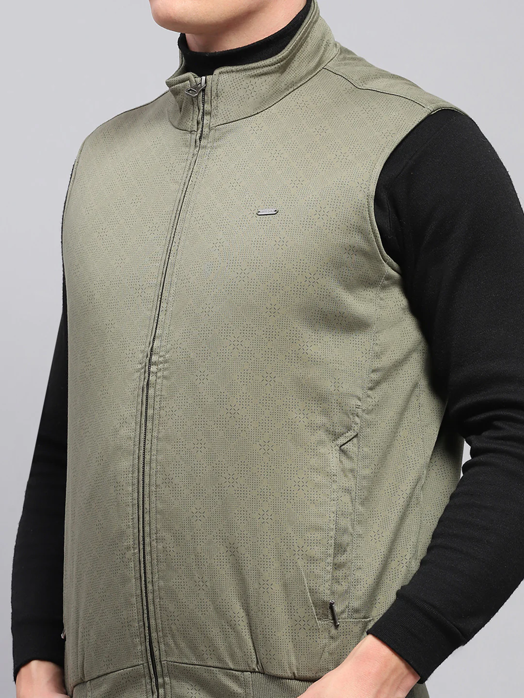 Men Olive Solid Mock Neck Sleeveless Jacket - Image 6