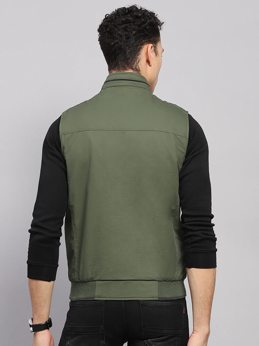 Men Olive Solid Mock Neck Sleeveless Jacket - Image 5