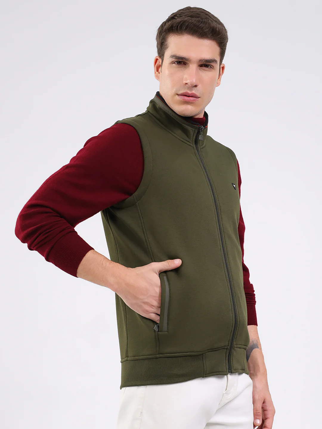 Men Olive Solid Mock Neck Sleeveless Sweatshirt - Image 4