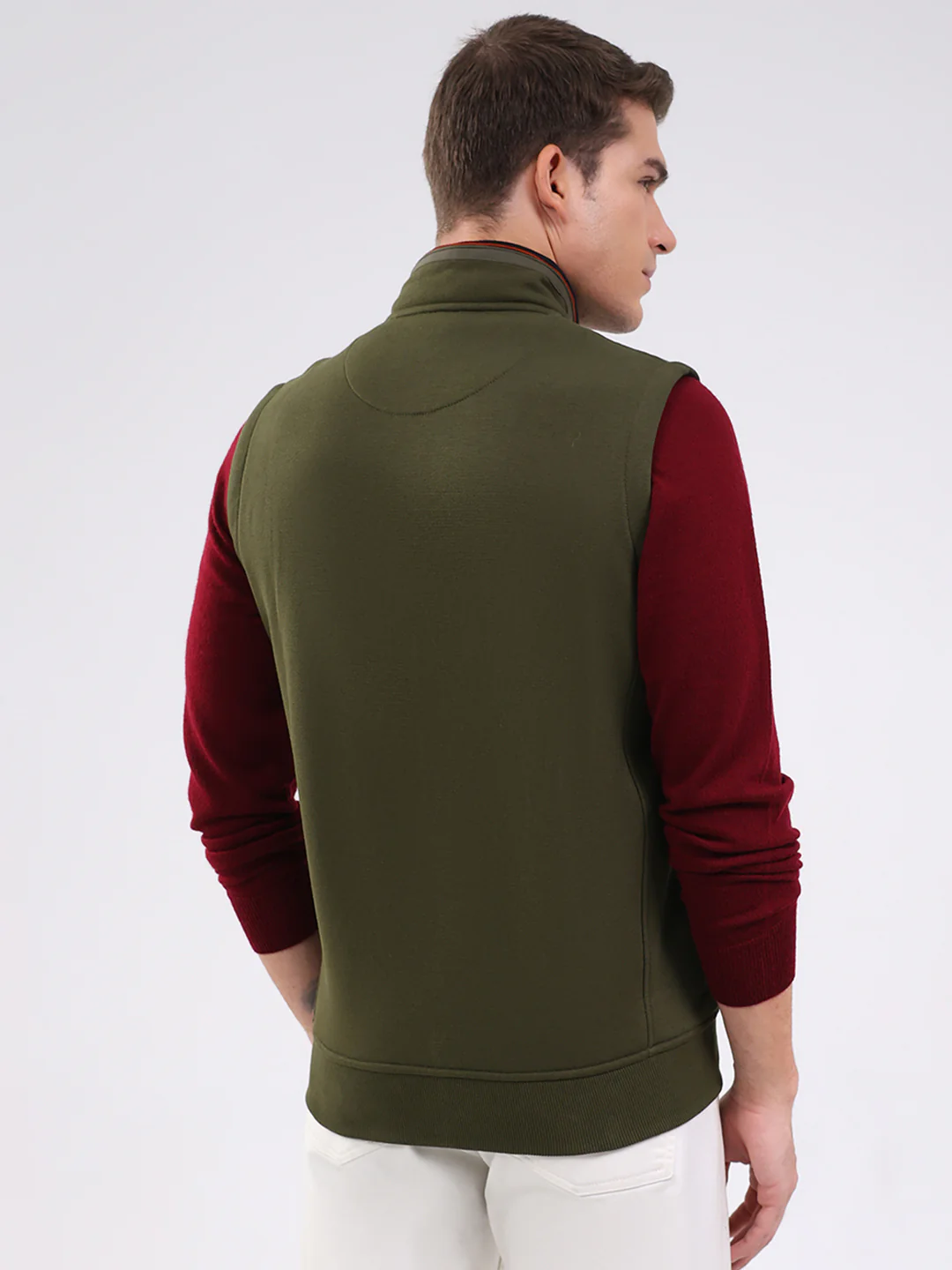 Men Olive Solid Mock Neck Sleeveless Sweatshirt - Image 5