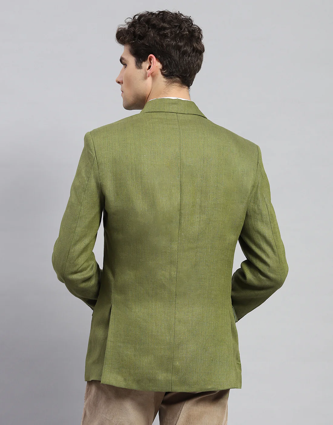 Men Olive Solid Notch Lapel Collar Full Sleeve Blazer - Image 5