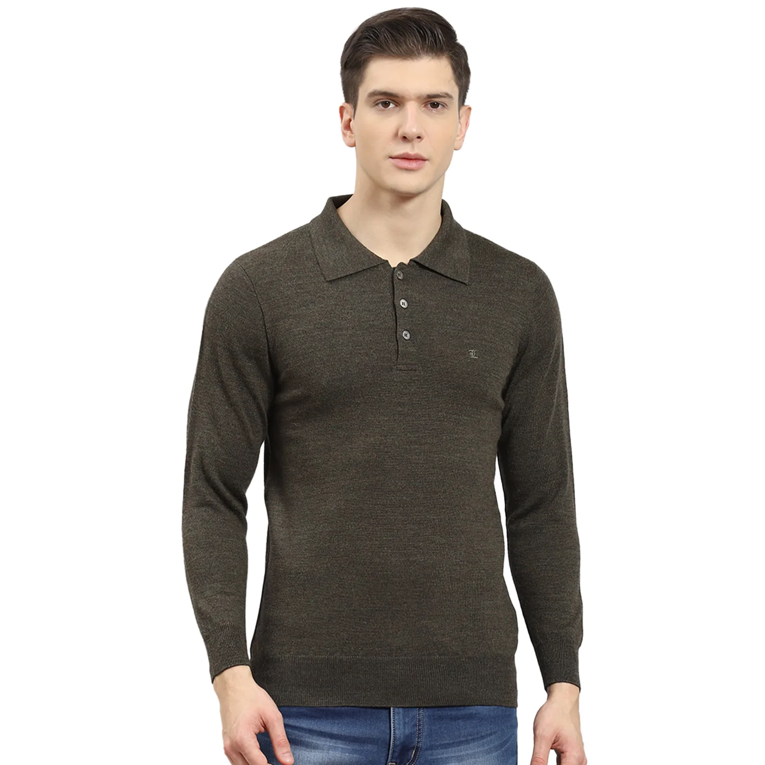 Men Olive Solid Polo Collar Full Sleeve T-Shirt - Image 5