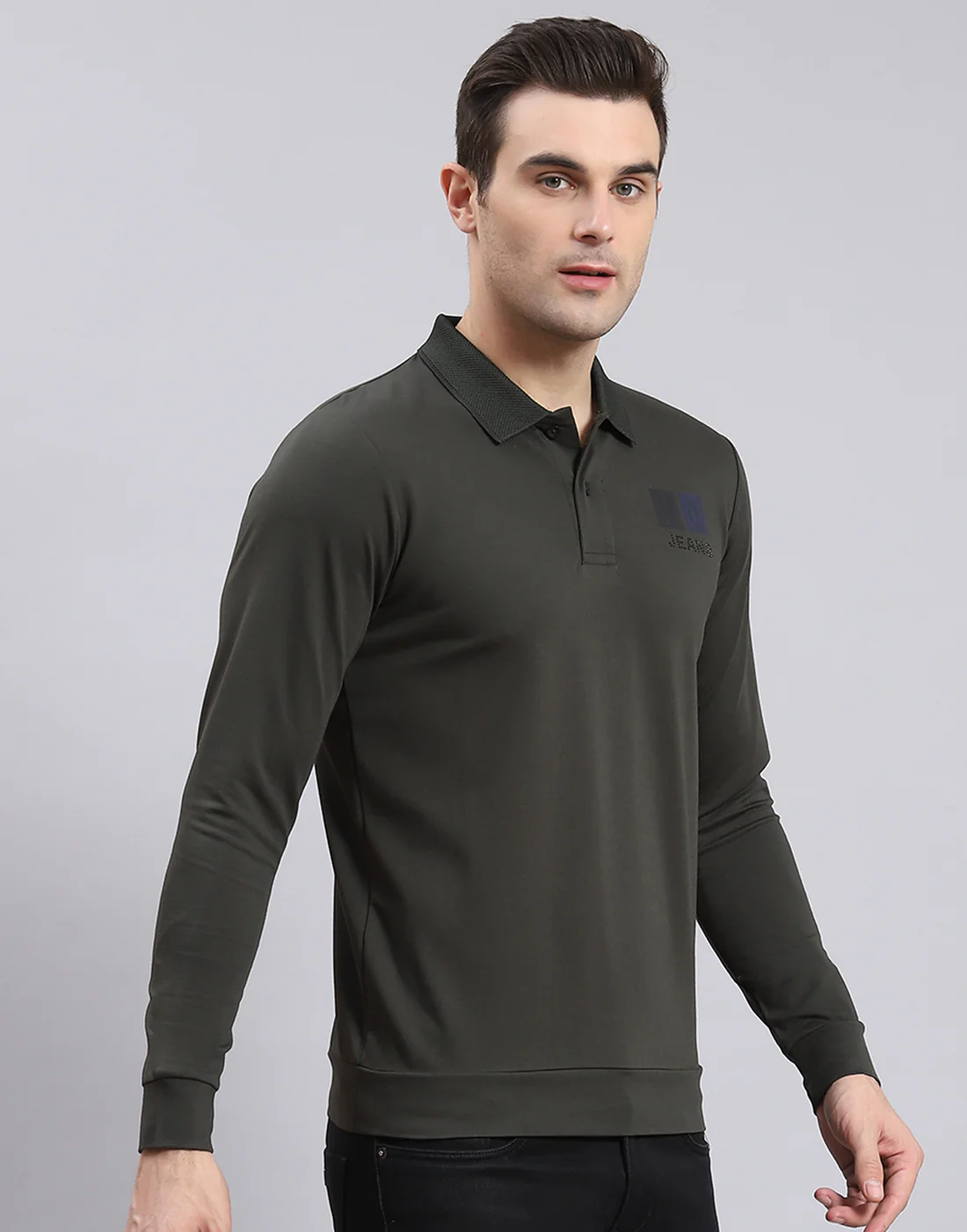 Men Olive Solid Polo Collar Full Sleeve T-Shirt - Image 4