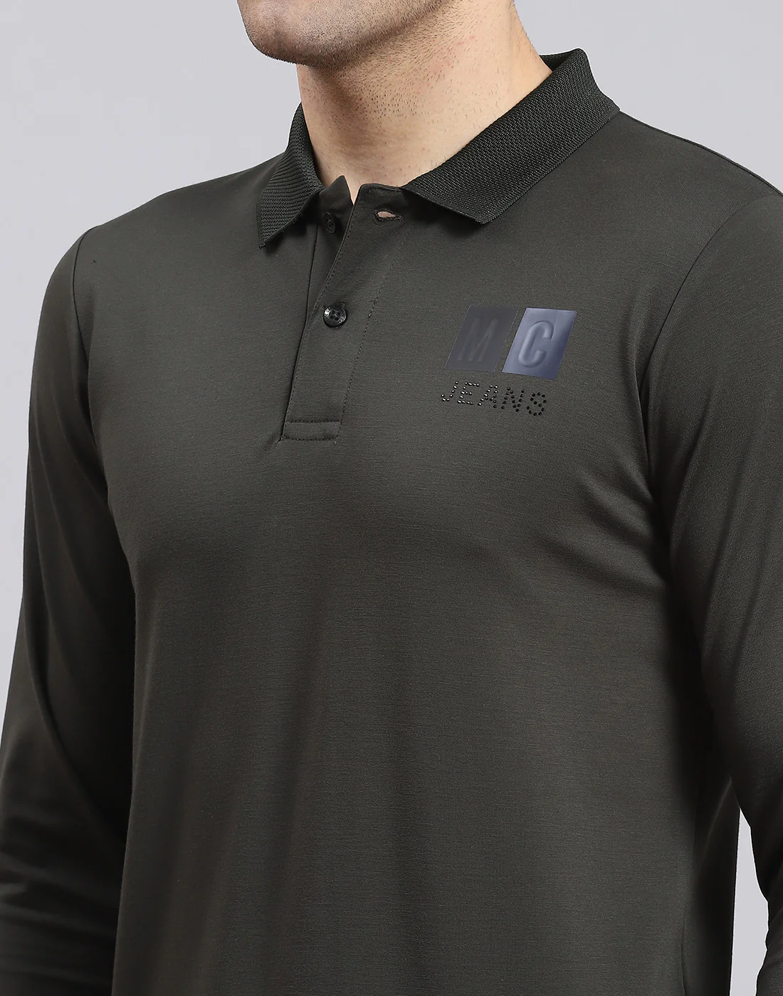 Men Olive Solid Polo Collar Full Sleeve T-Shirt - Image 7