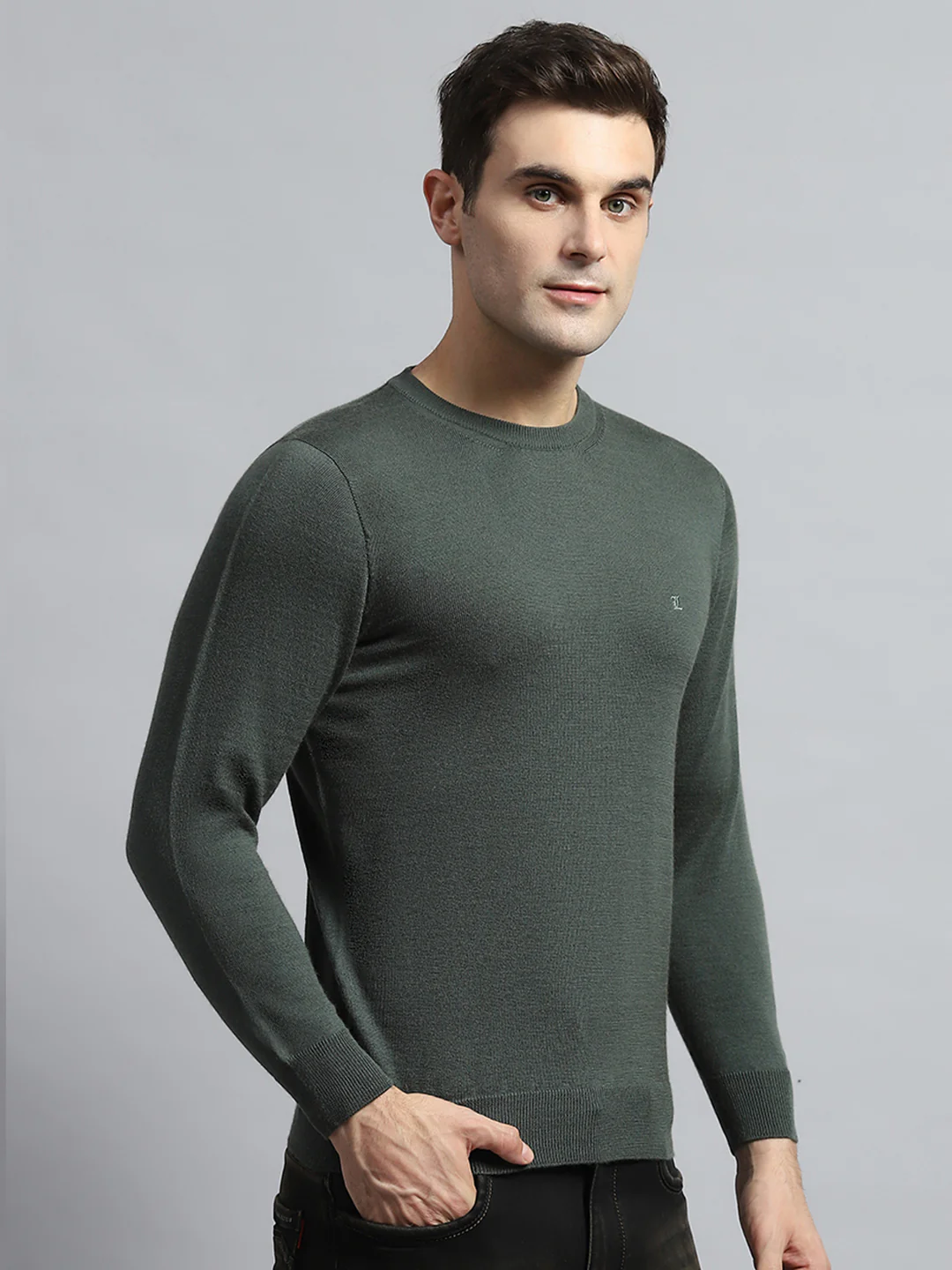 Luxuria Men Olive Solid Round Neck Full Sleeve Pullover - Image 4