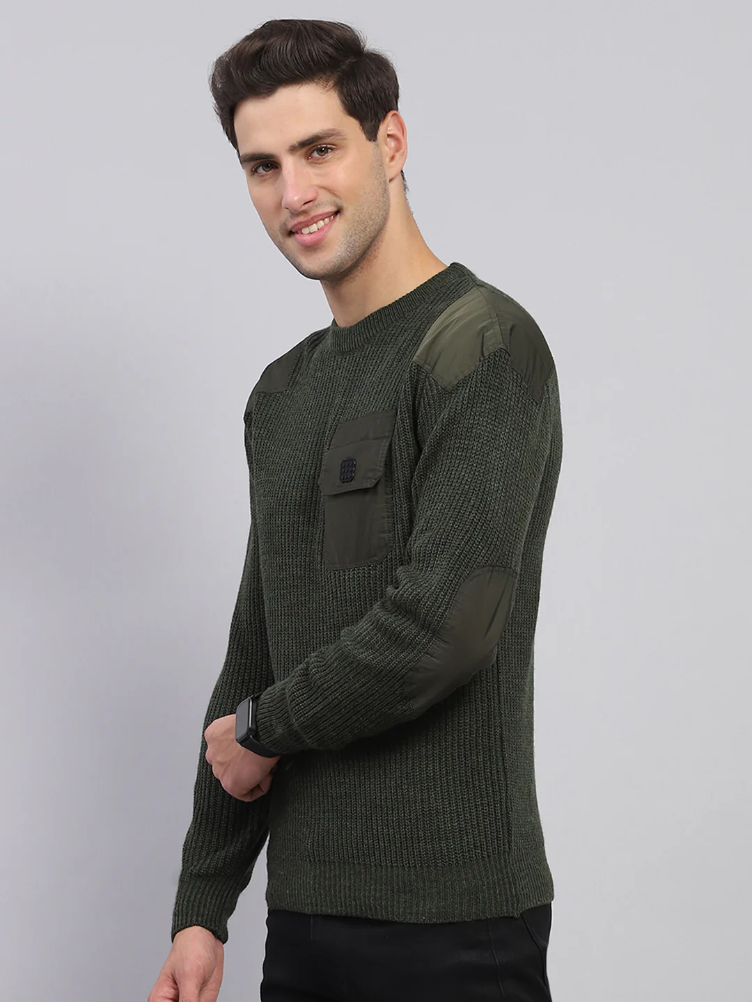 Rock.it Men Olive Solid Round Neck Full Sleeve Pullover - Image 3