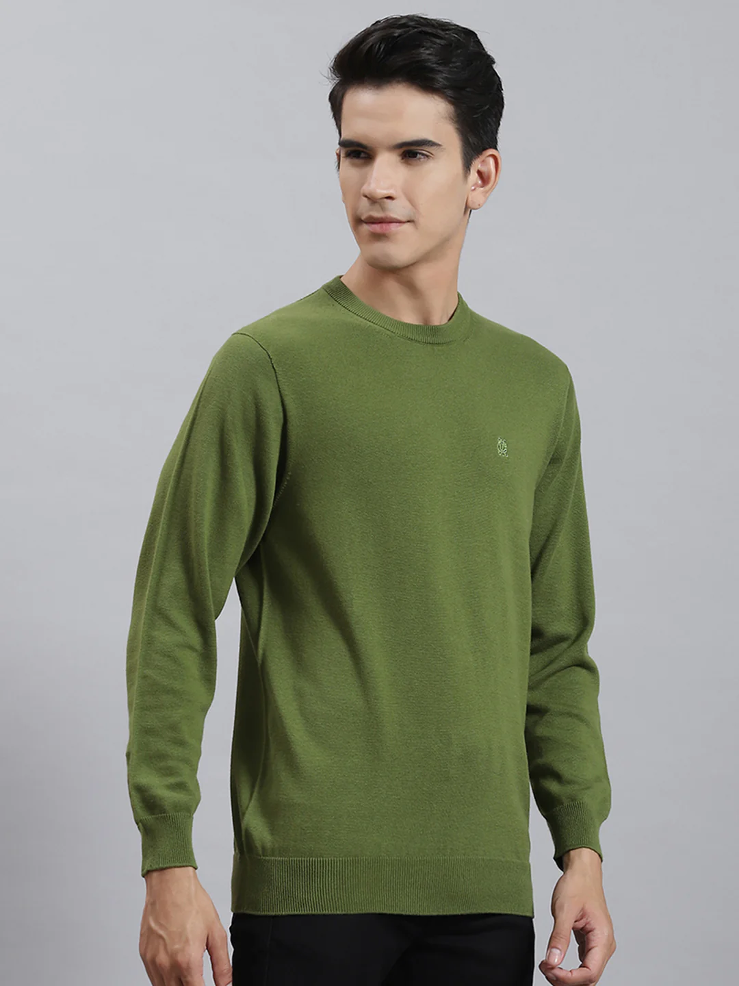 Men Olive Solid Round Neck Full Sleeve Sweaters/Pullovers - Image 4