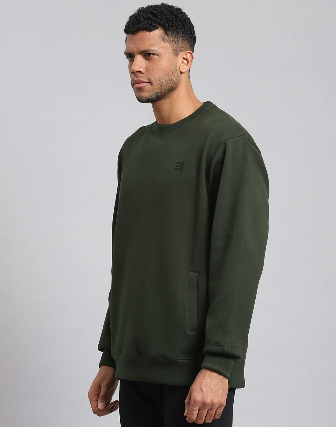 Rock.it Men Olive Solid Round Neck Full Sleeve Sweatshirt - Image 3